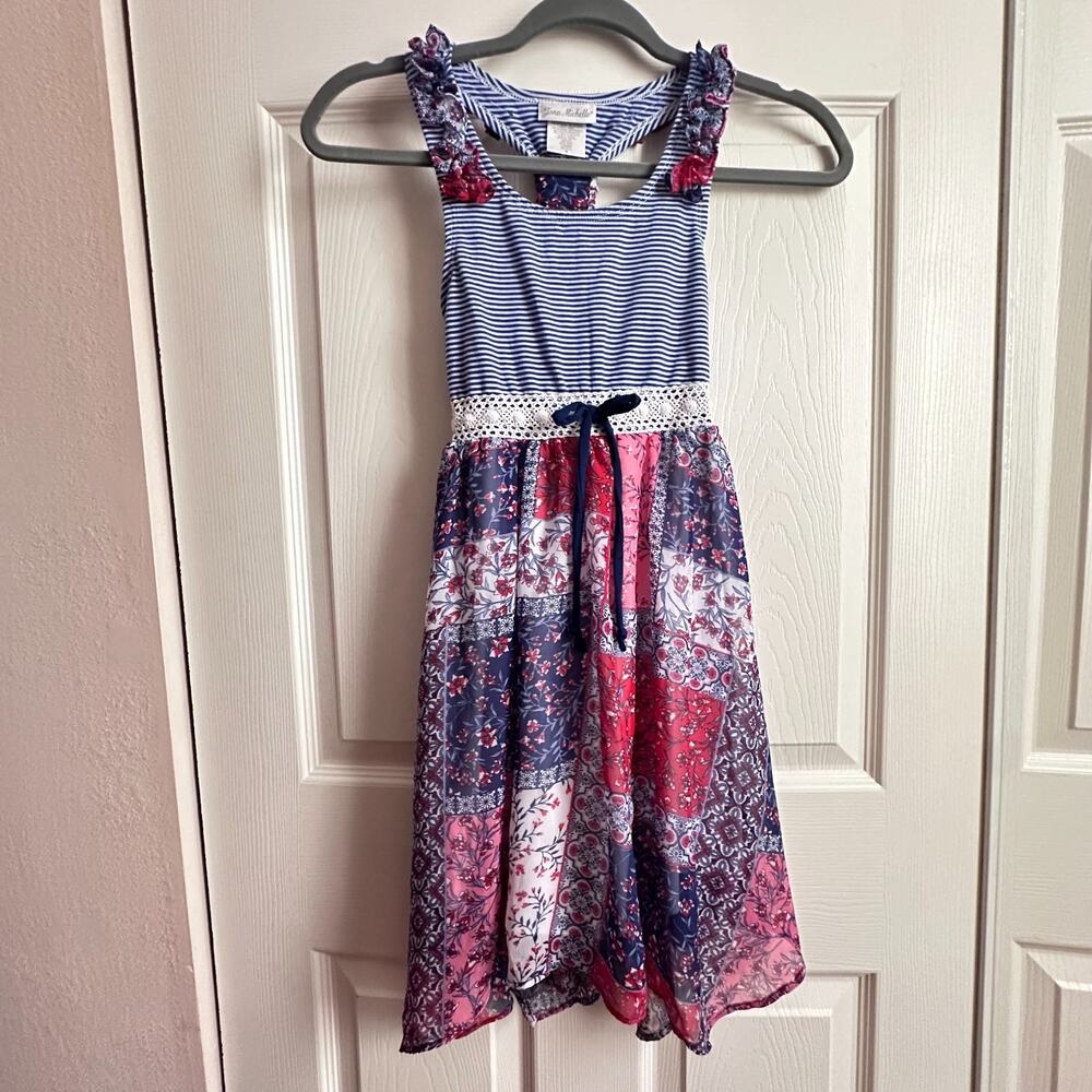 Jona Michelle Girls Sz 8 Red White Blue Floral Patchwork Mixed Print Tank Dress
